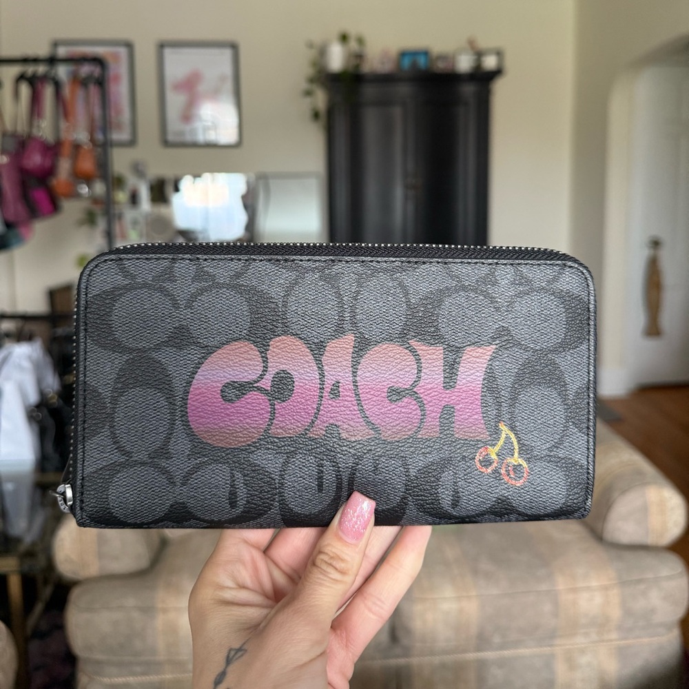 Coach Black Wallet with Ombré Graffiti and Cherry Detail